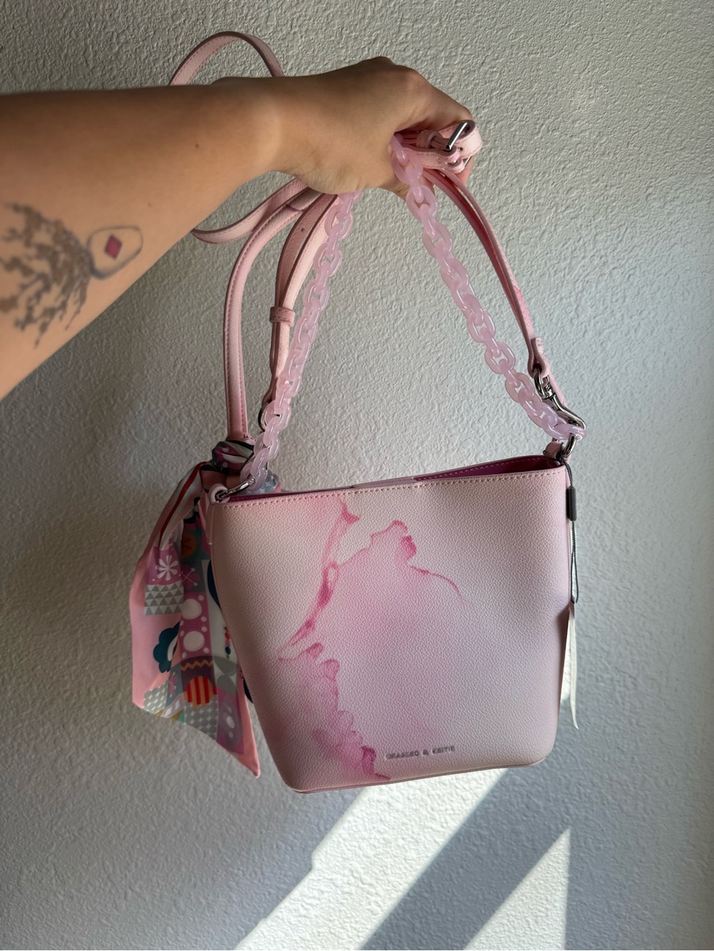 Charles & Keith Light Pink Watercolor Alcott Scarf Bucket Bag